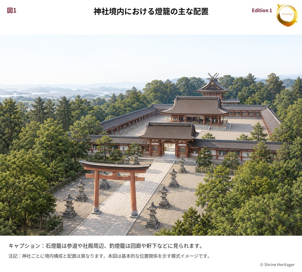 鳥居、参道、神門、拝殿、回廊と石燈籠・釣燈籠の主な配置を示す模式イメージ