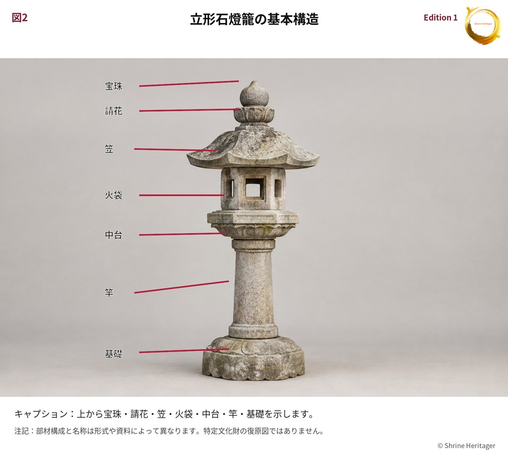 立形石燈籠の宝珠、請花、笠、火袋、中台、竿、基礎を示す模式イメージ