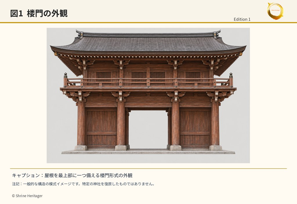 楼門の外観を示す模式図。屋根は最上部に一つあり、初層上に縁と高欄を備える。