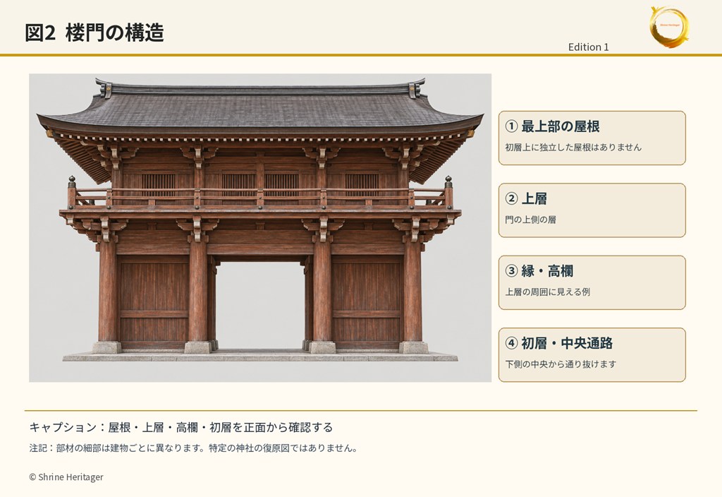 楼門の正面模式図。大屋根、上層、縁と高欄、腰組、初層、中央通路の位置を示す。