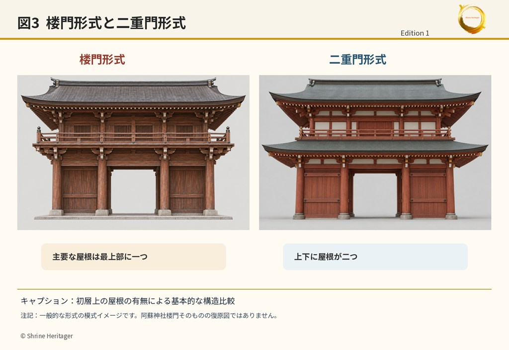 楼門形式と二重門形式の屋根位置を比べる模式図。楼門形式は最上部のみ、二重門形式は初層と上層の双方に屋根がある。